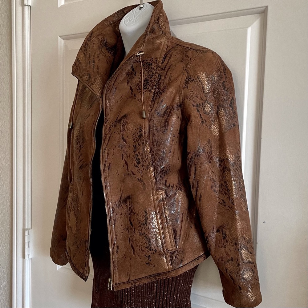 Faux Suede Leather Jacket with Bronze Metallic Reptile Print by Ruby Rd.